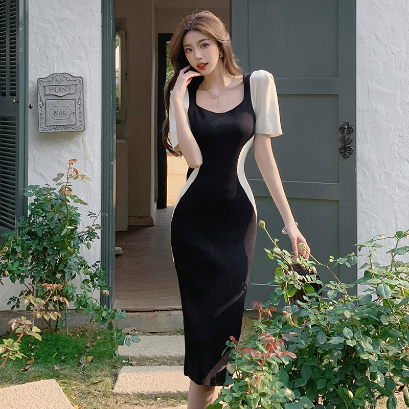 Casual France style dress knitted splice long dress for women