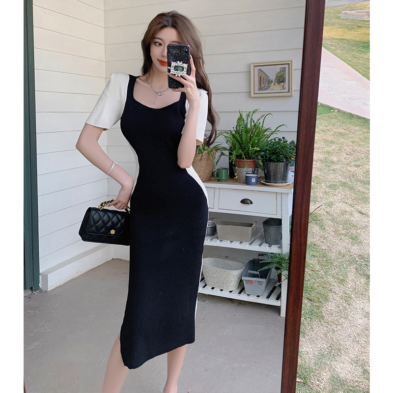 Casual France style dress knitted splice long dress for women