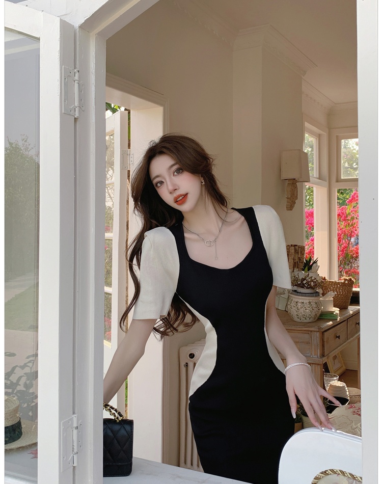 Casual France style dress knitted splice long dress for women