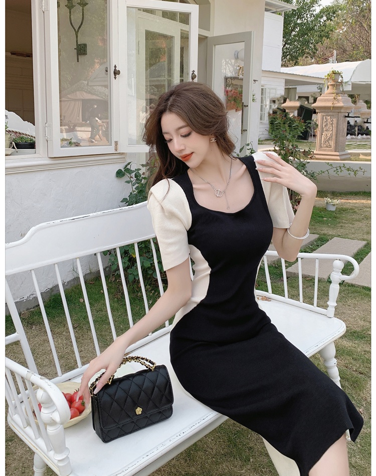 Casual France style dress knitted splice long dress for women