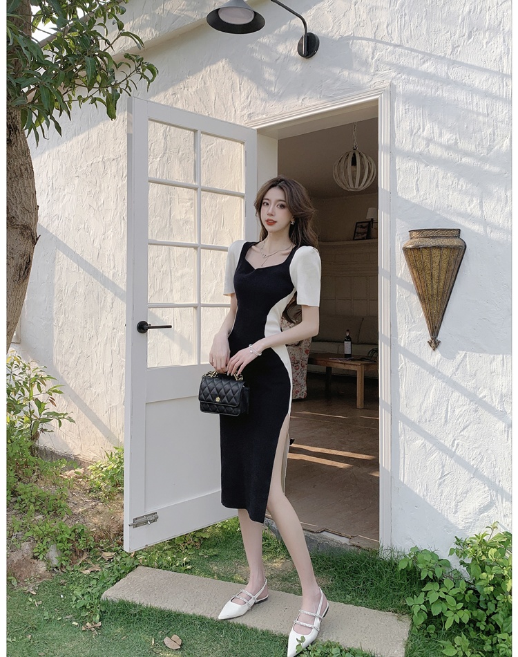 Casual France style dress knitted splice long dress for women