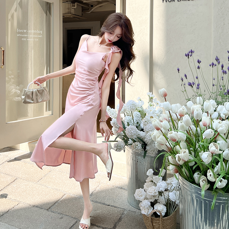 Satin romantic temperament strap dress flowers vacation dress