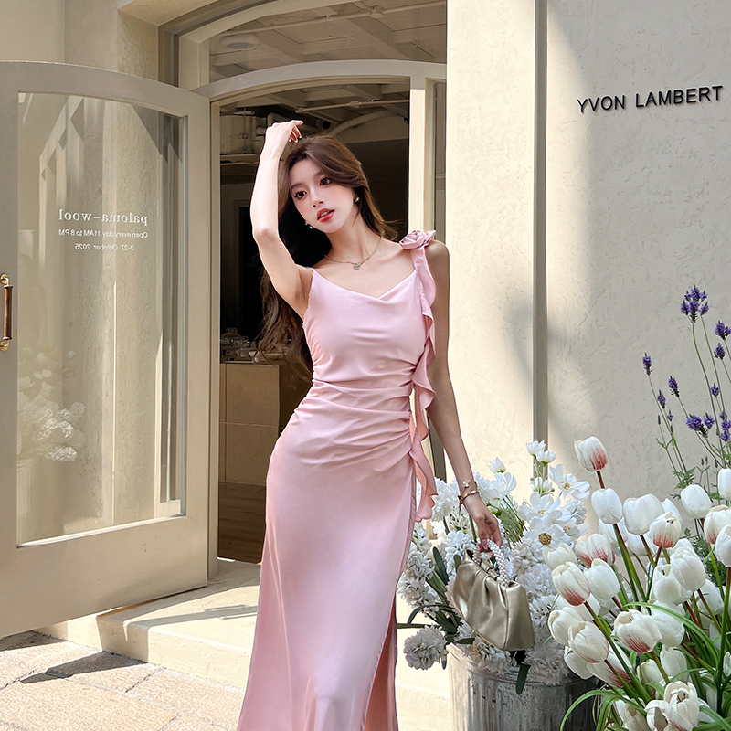 Satin romantic temperament strap dress flowers vacation dress