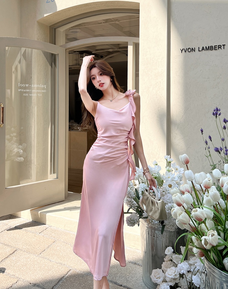 Satin romantic temperament strap dress flowers vacation dress