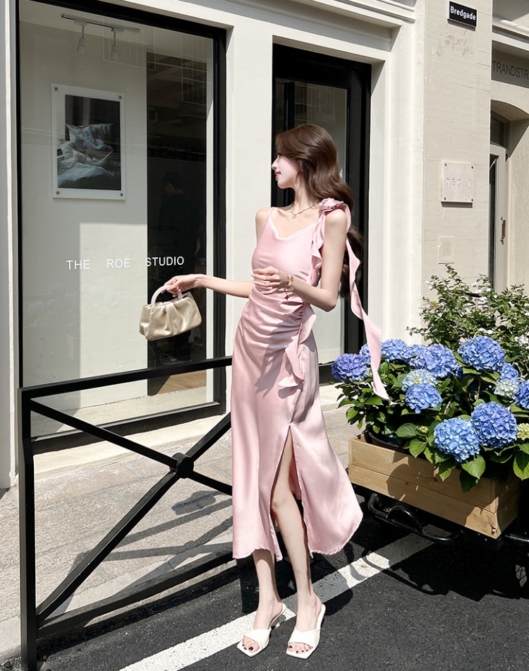 Satin romantic temperament strap dress flowers vacation dress