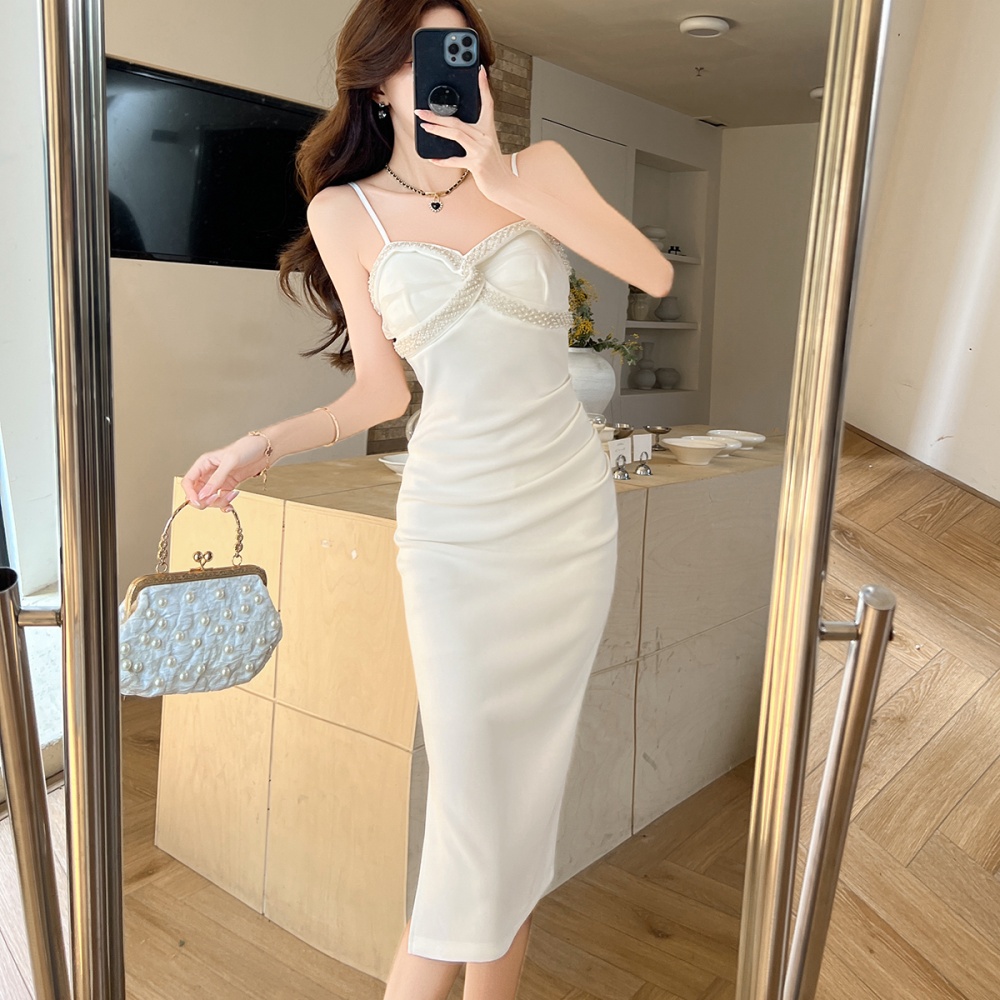 Splice pearls chain dress sexy ladies formal dress