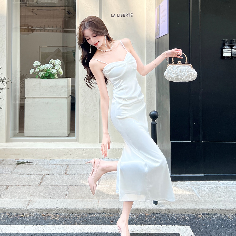 Low collar sling temperament white dress for women