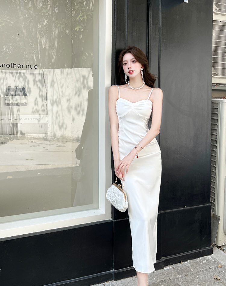 Low collar sling temperament white dress for women