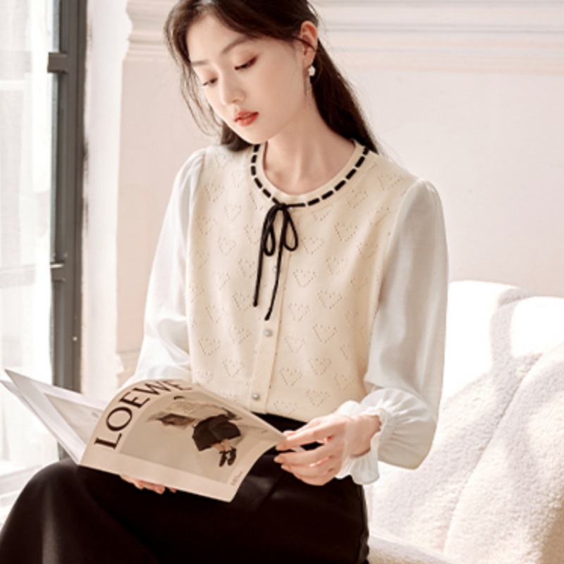 Round neck tops splice sweater for women