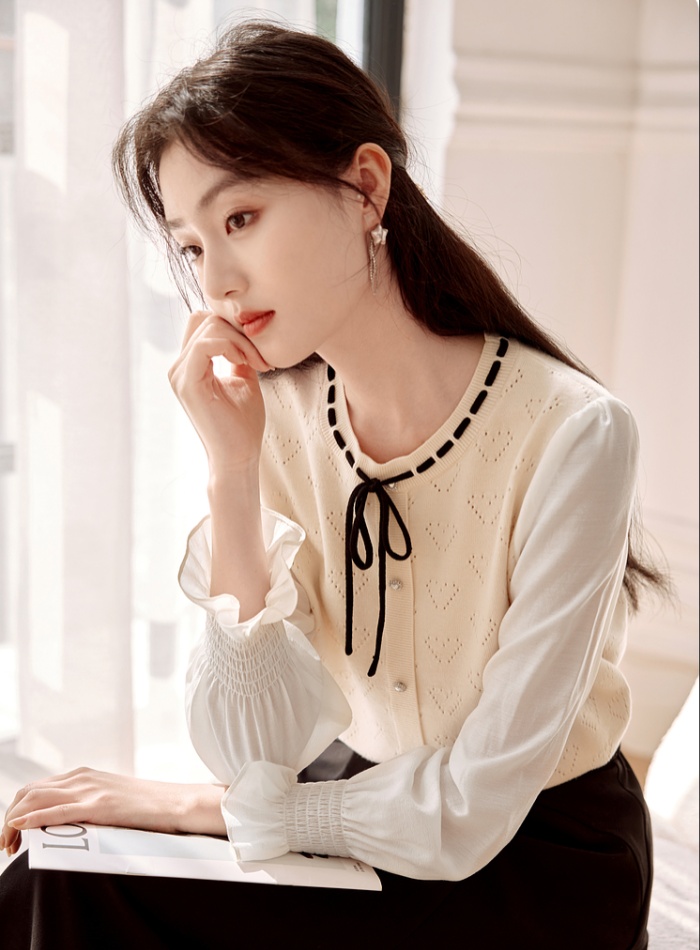 Round neck tops splice sweater for women