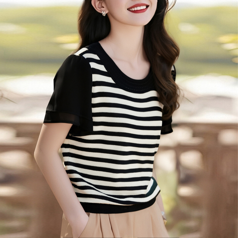 Splice Pseudo-two knitted stripe T-shirt for women