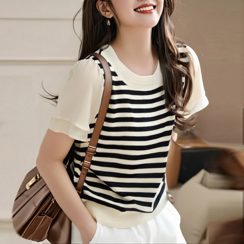 Splice Pseudo-two knitted stripe T-shirt for women