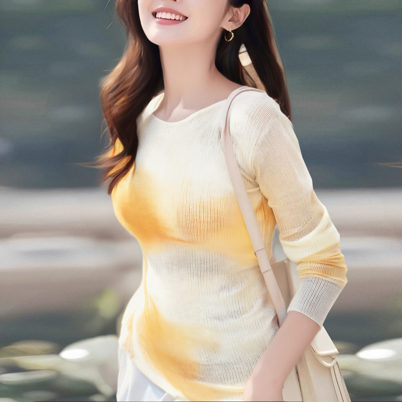 Yellow France style tops tie dye gradient sweater for women