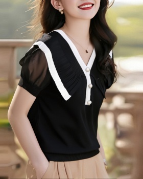 V-neck knitted T-shirt lotus leaf edges tops for women