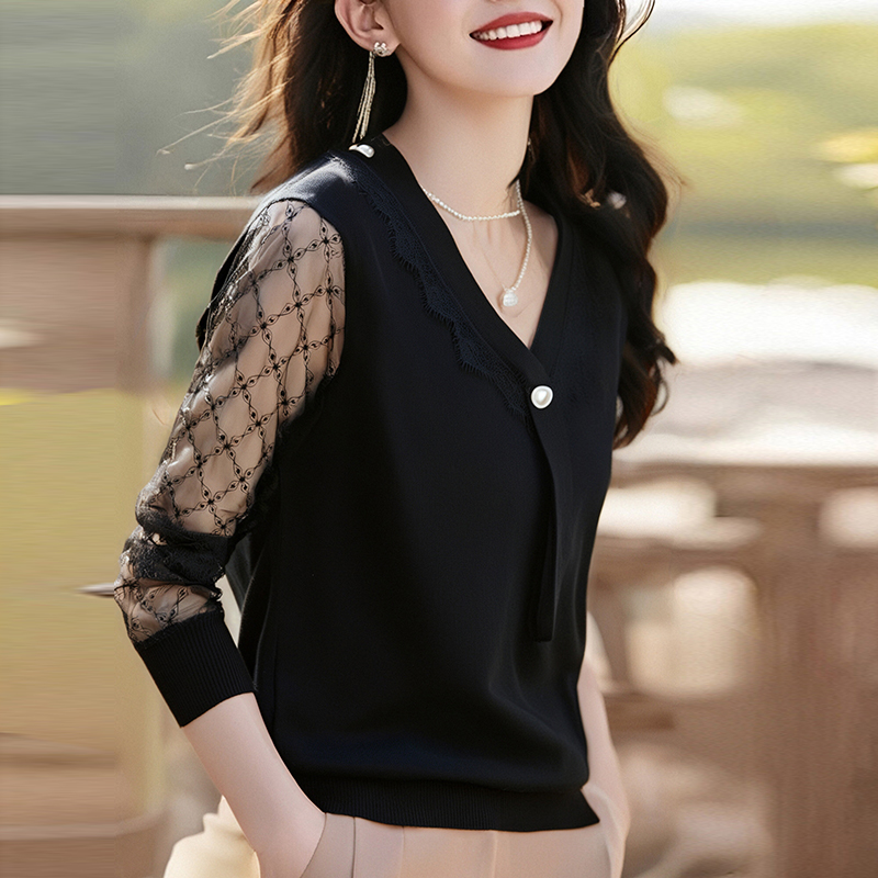 Bottoming ice silk spring and summer V-neck knitted thin tops