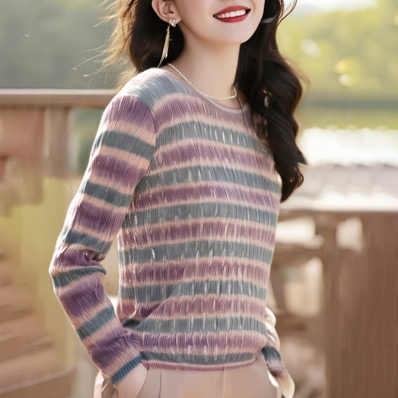 Knitted holes retro hollow stripe sweater