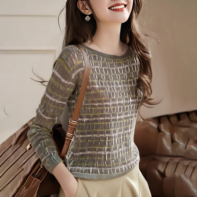 Knitted holes retro hollow stripe sweater