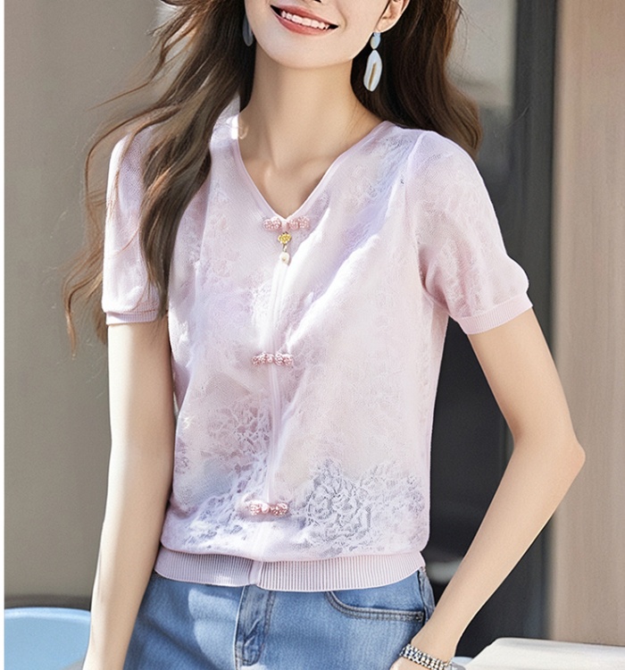 V-neck lace summer jacquard knitted tops