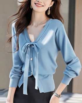 Bow spring and summer coat knitted V-neck tops for women