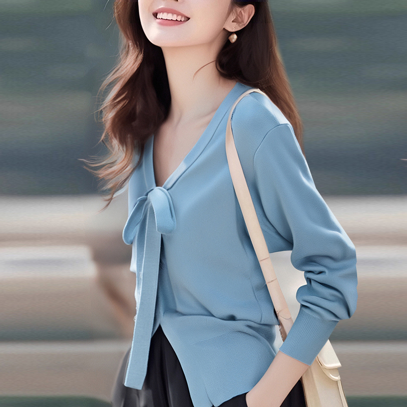 Bow spring and summer coat knitted V-neck tops for women