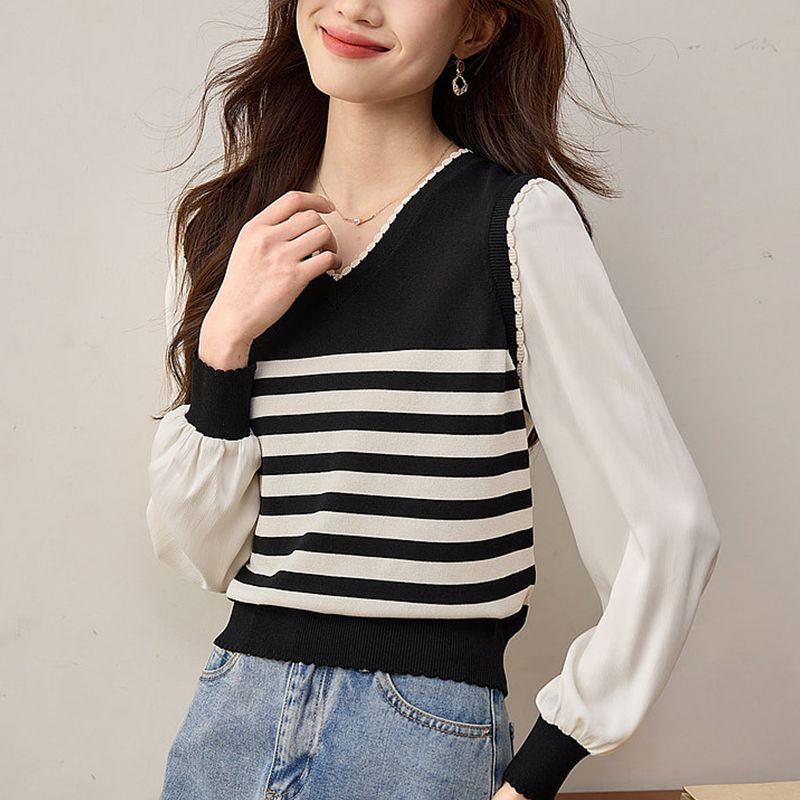 Mixed colors stripe tops V-neck sweater for women