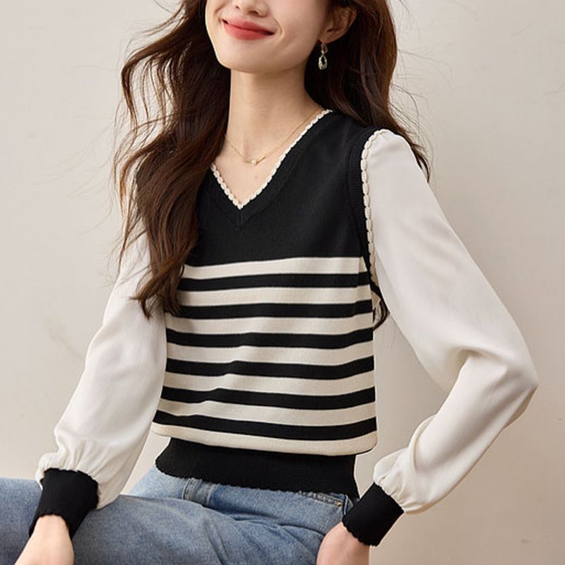 Mixed colors stripe tops V-neck sweater for women