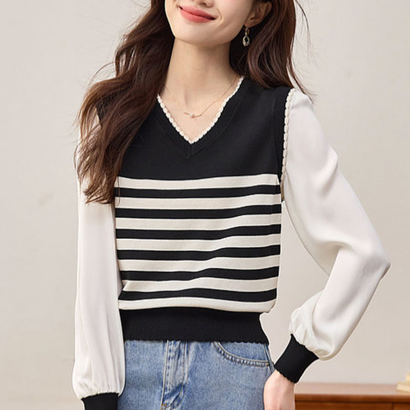 Mixed colors stripe tops V-neck sweater for women