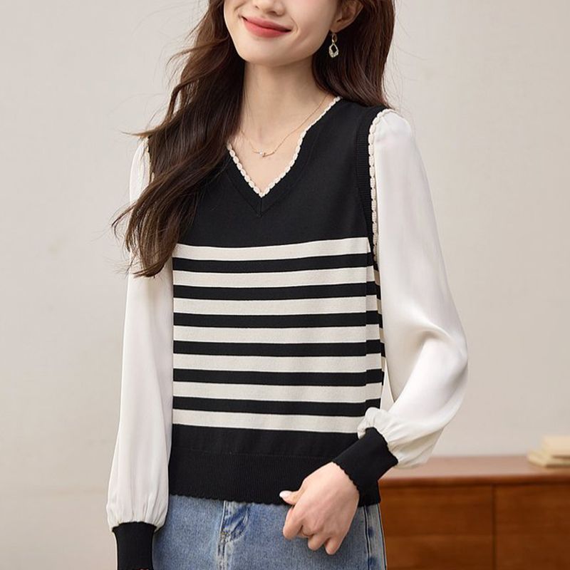 Mixed colors stripe tops V-neck sweater for women