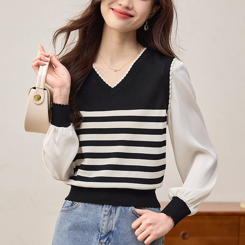 Mixed colors stripe tops V-neck sweater for women