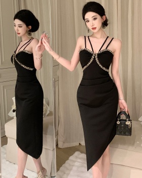 Slim sling wrapped chest dress pinched waist fold formal dress