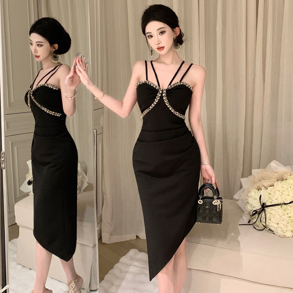 Slim sling wrapped chest dress pinched waist fold formal dress