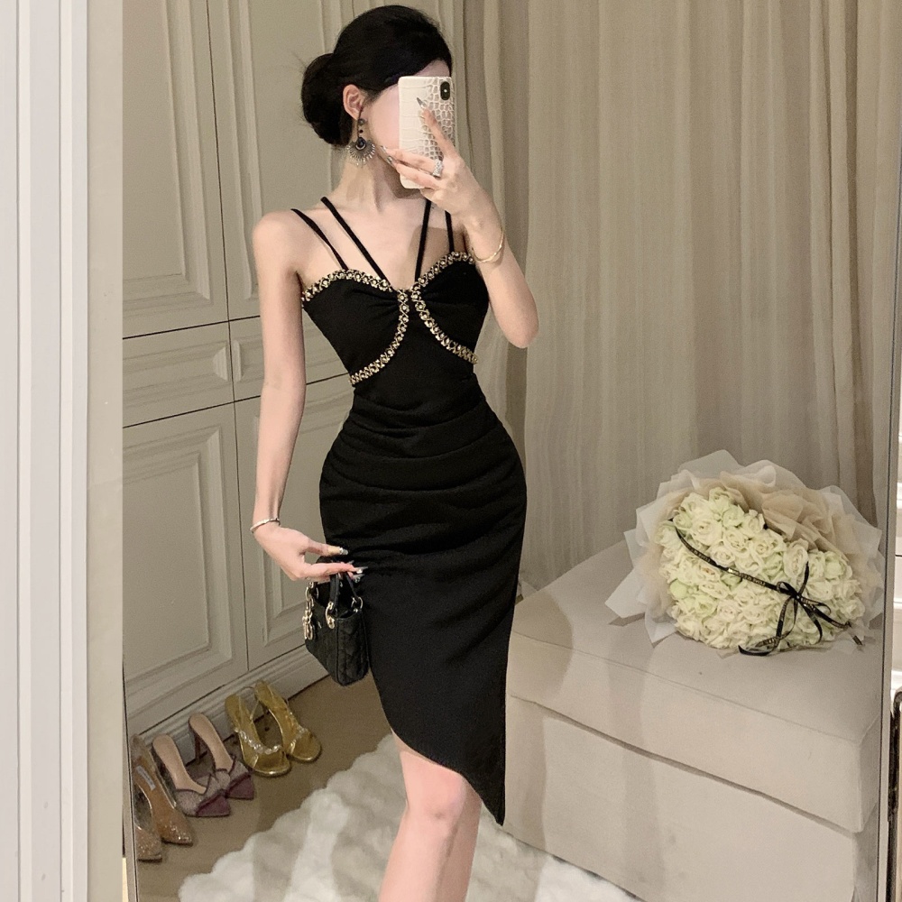 Slim sling wrapped chest dress pinched waist fold formal dress