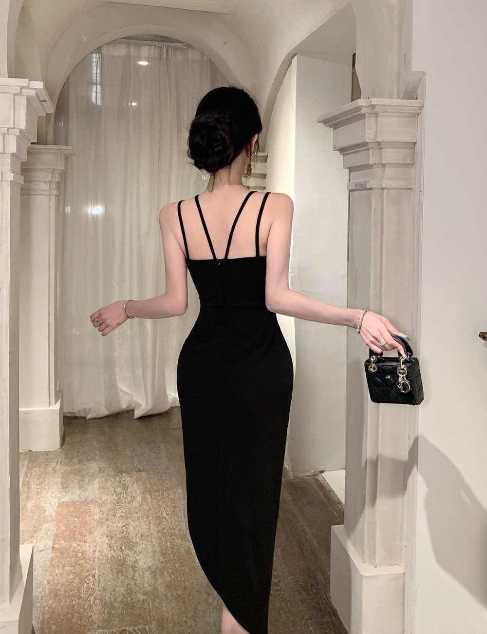 Slim sling wrapped chest dress pinched waist fold formal dress