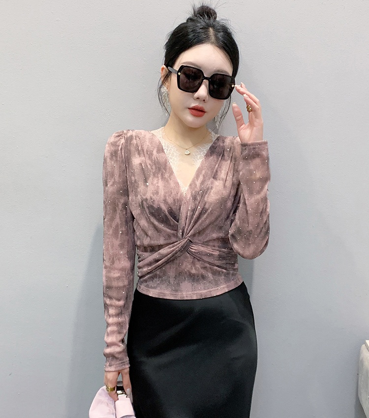 Long sleeve fashion gauze rhinestone small shirt