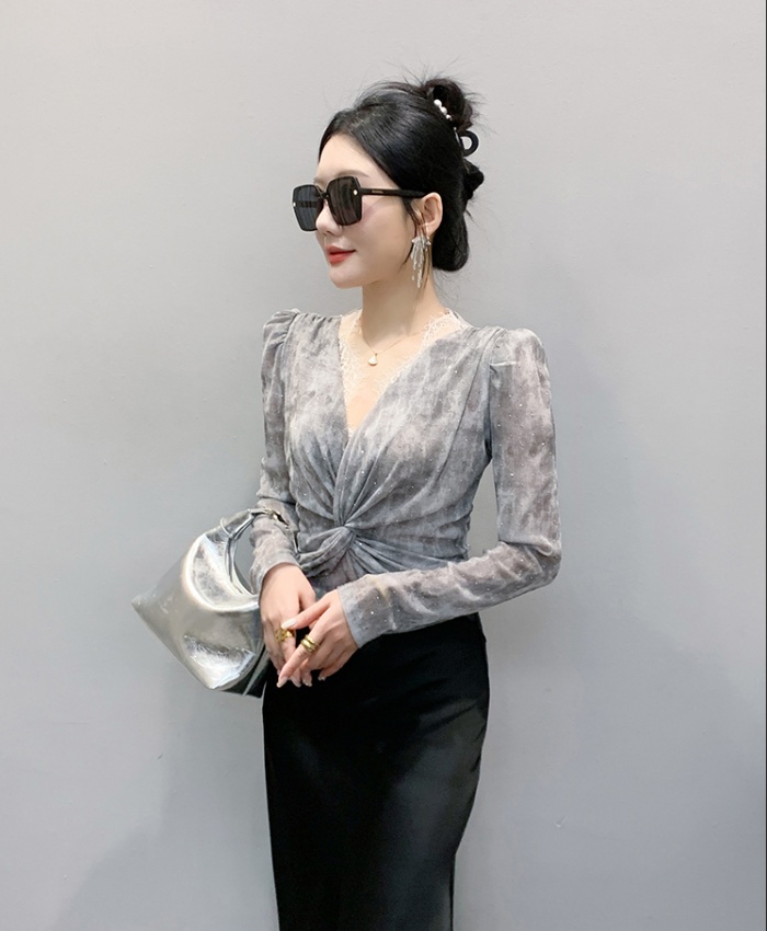 Long sleeve fashion gauze rhinestone small shirt