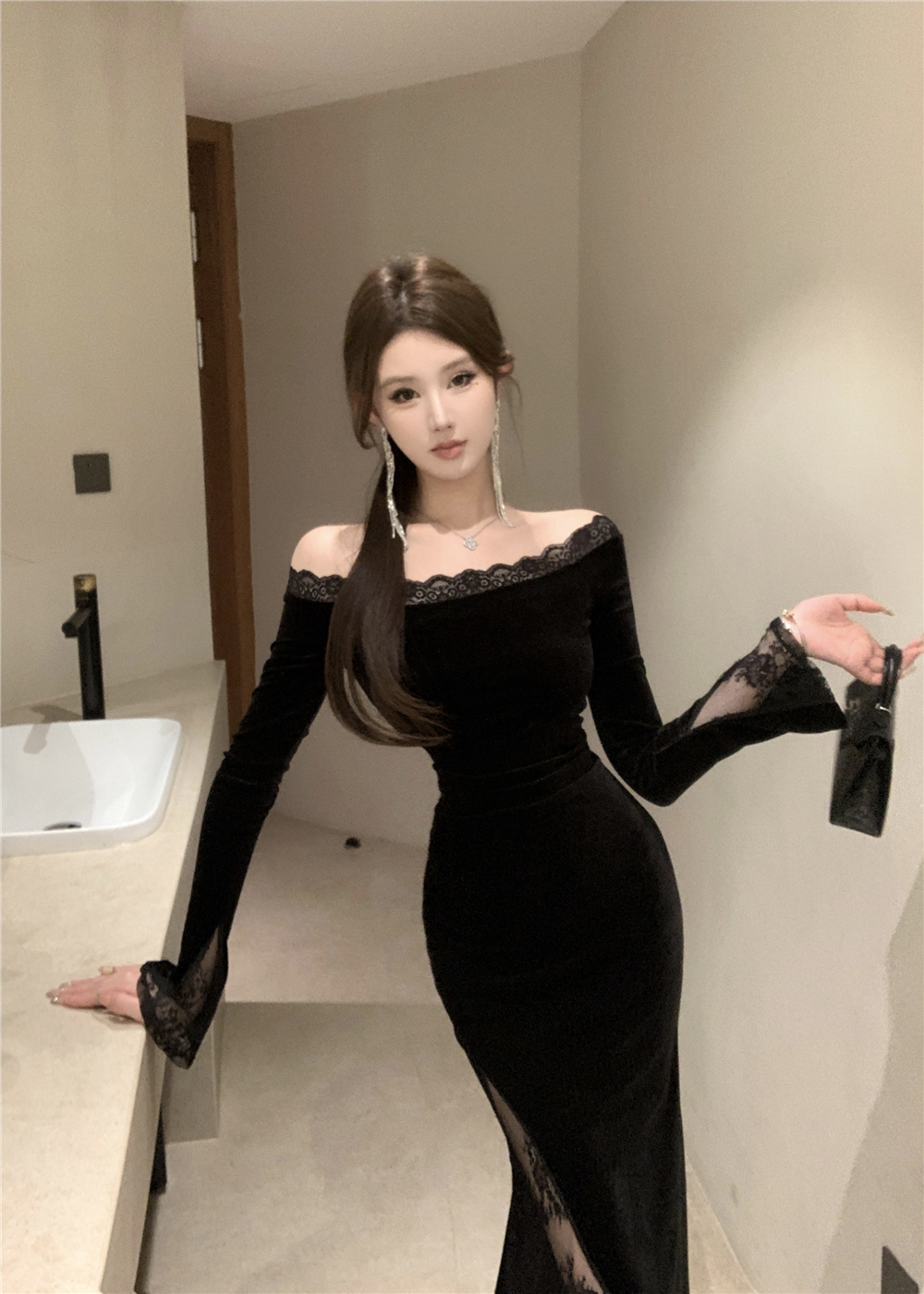 Lace black package hip long dress cotton flat shoulder dress