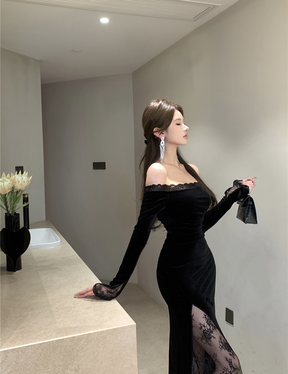 Long sleeve lace dress package hip long dress