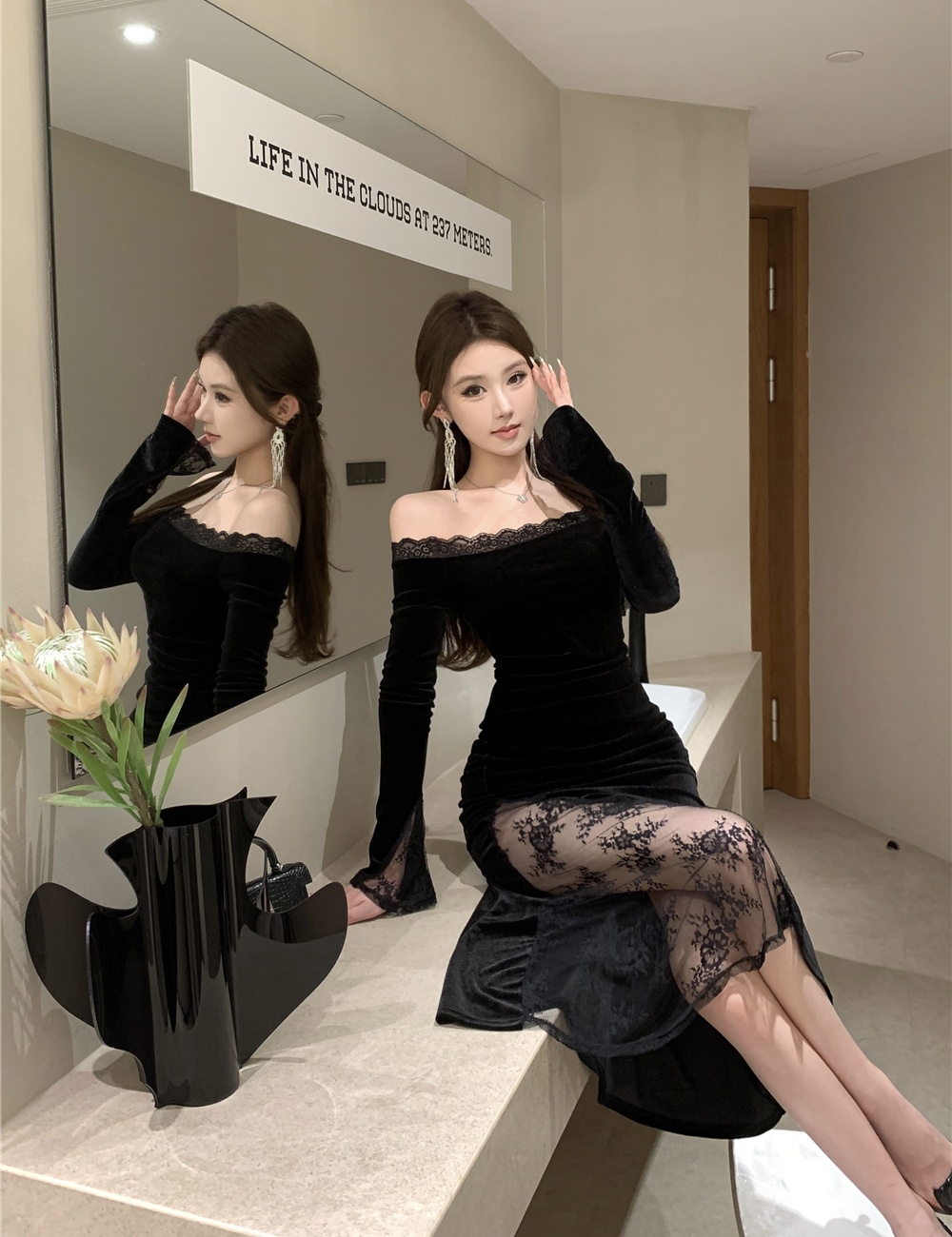 Long sleeve lace dress package hip long dress