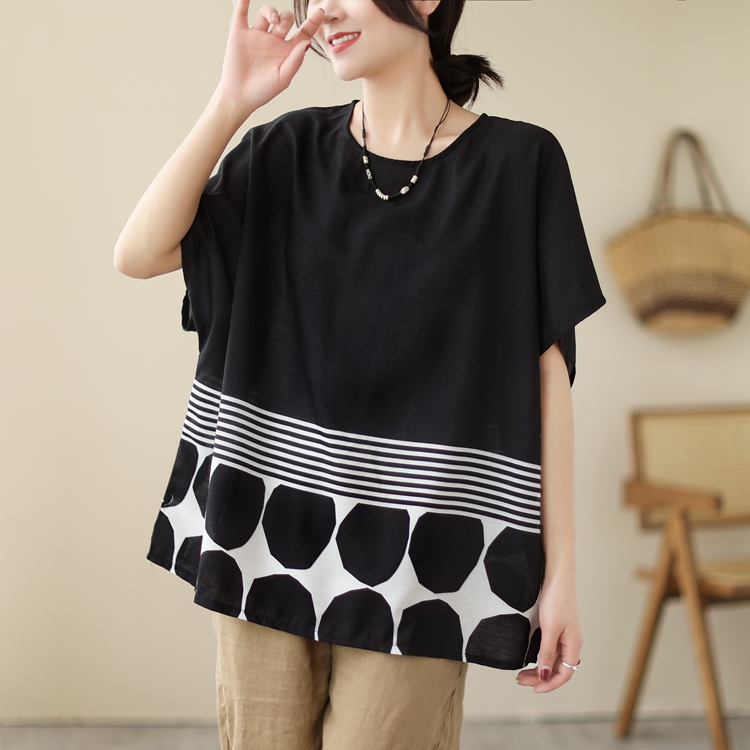 Short sleeve fat splice T-shirt round neck stripe tops