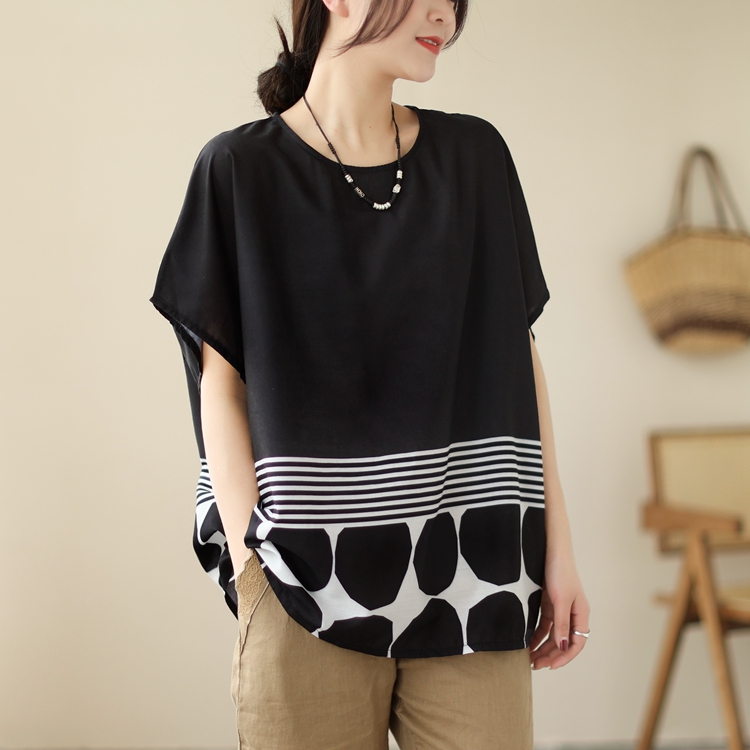 Short sleeve fat splice T-shirt round neck stripe tops