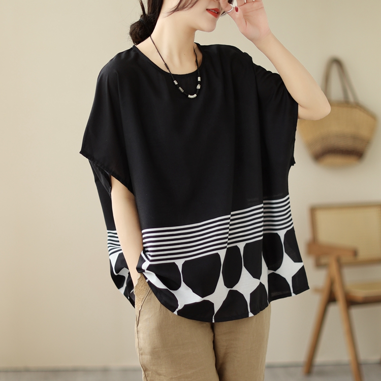 Short sleeve fat splice T-shirt round neck stripe tops