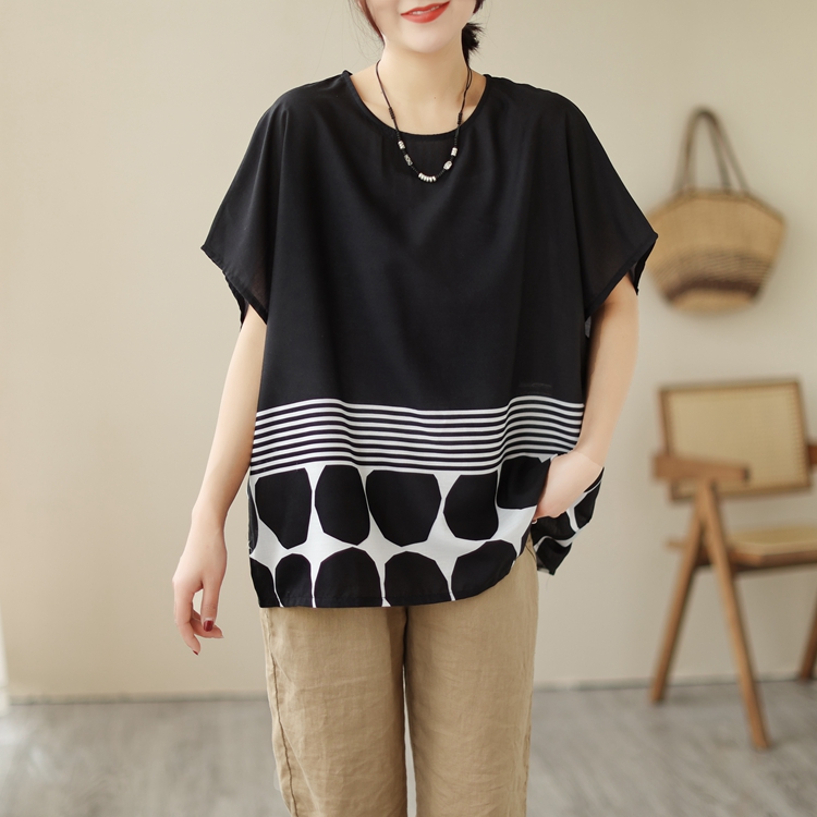 Short sleeve fat splice T-shirt round neck stripe tops