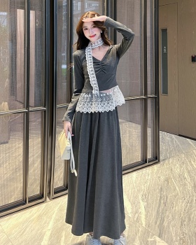 Splice long skirt T-shirt 2pcs set for women