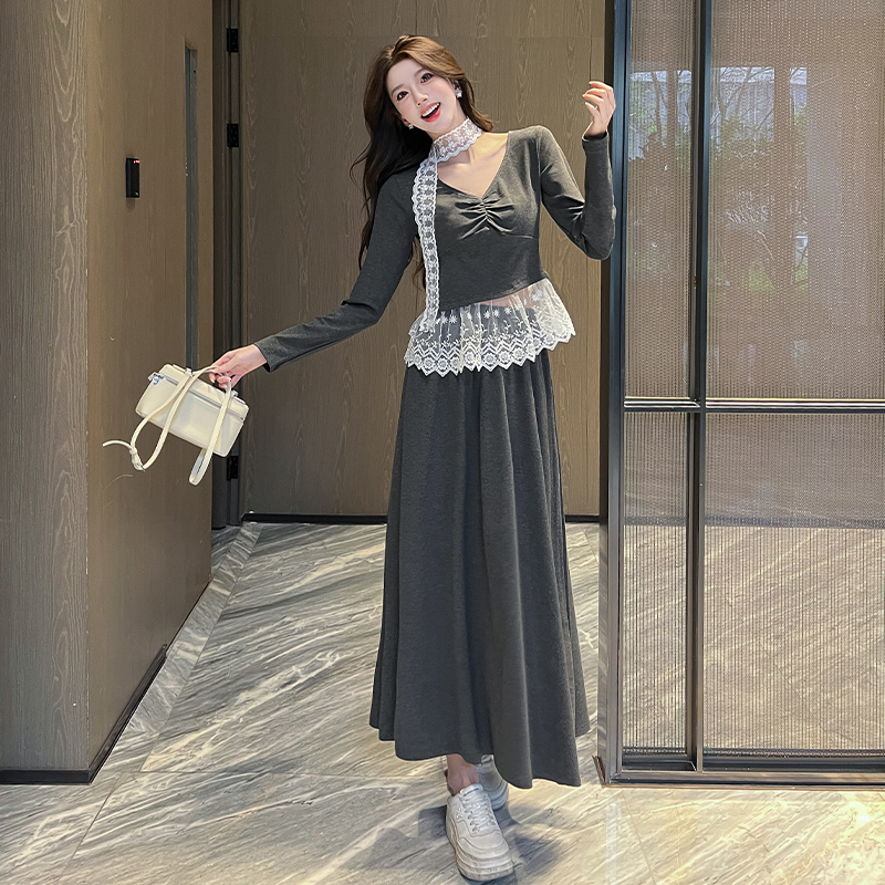 Splice long skirt T-shirt 2pcs set for women