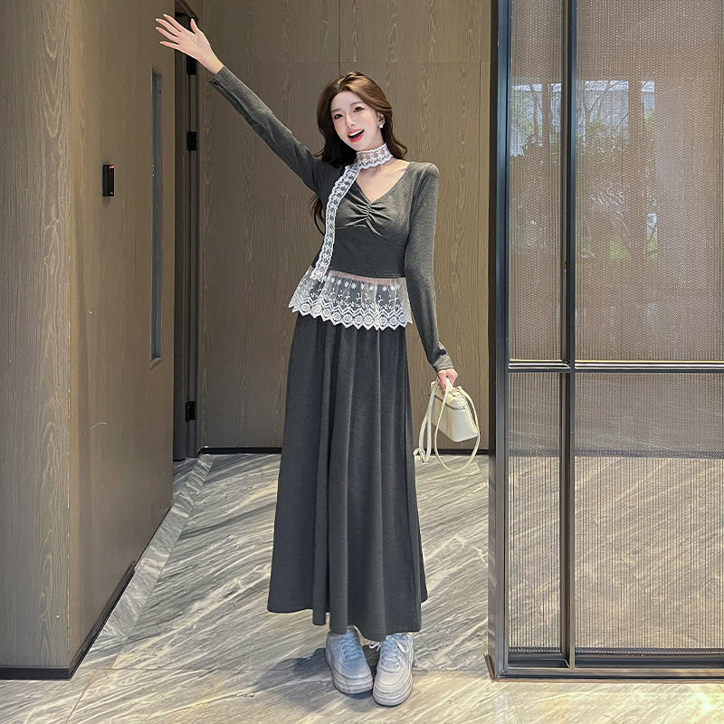 Splice long skirt T-shirt 2pcs set for women