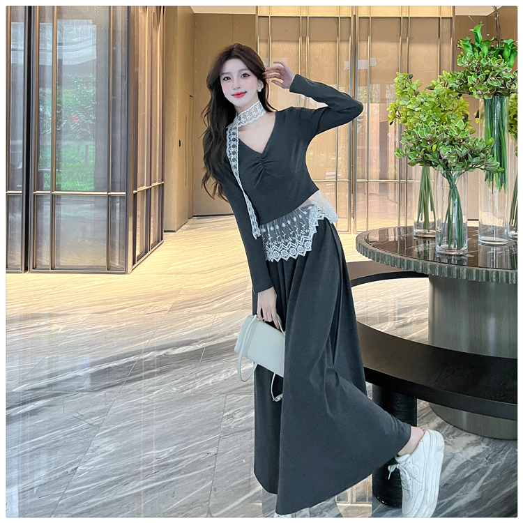 Splice long skirt T-shirt 2pcs set for women