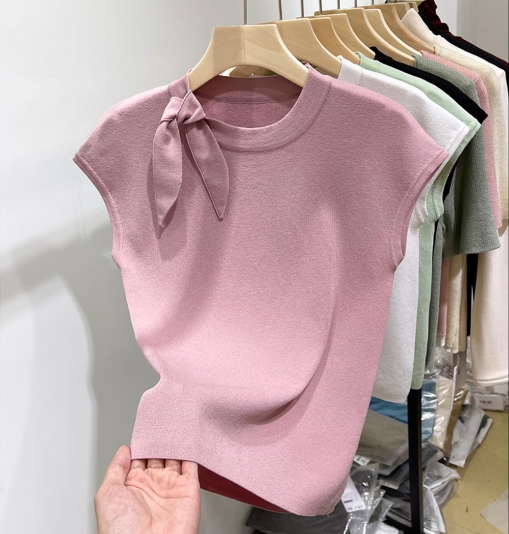 Ice silk all-match tops bandage round neck T-shirt for women