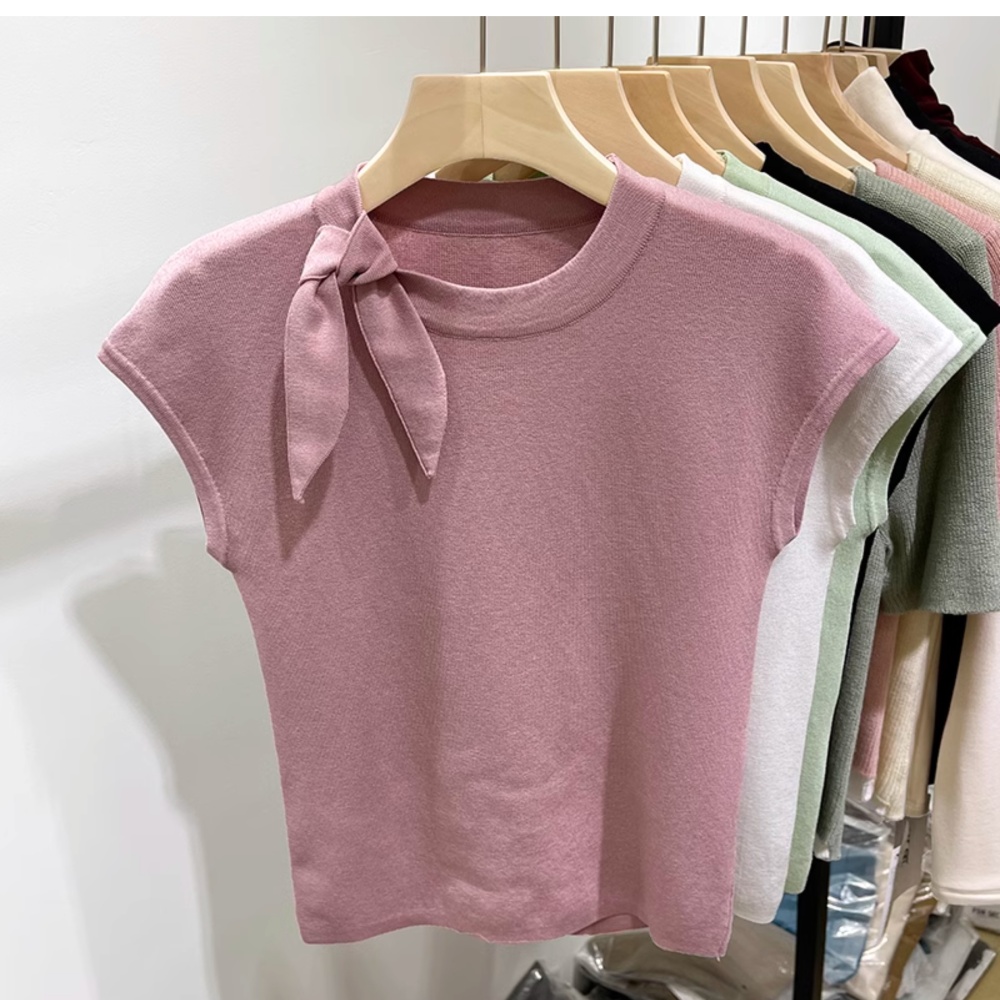 Ice silk all-match tops bandage round neck T-shirt for women