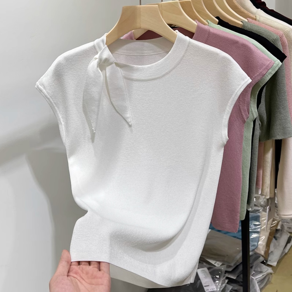 Ice silk all-match tops bandage round neck T-shirt for women