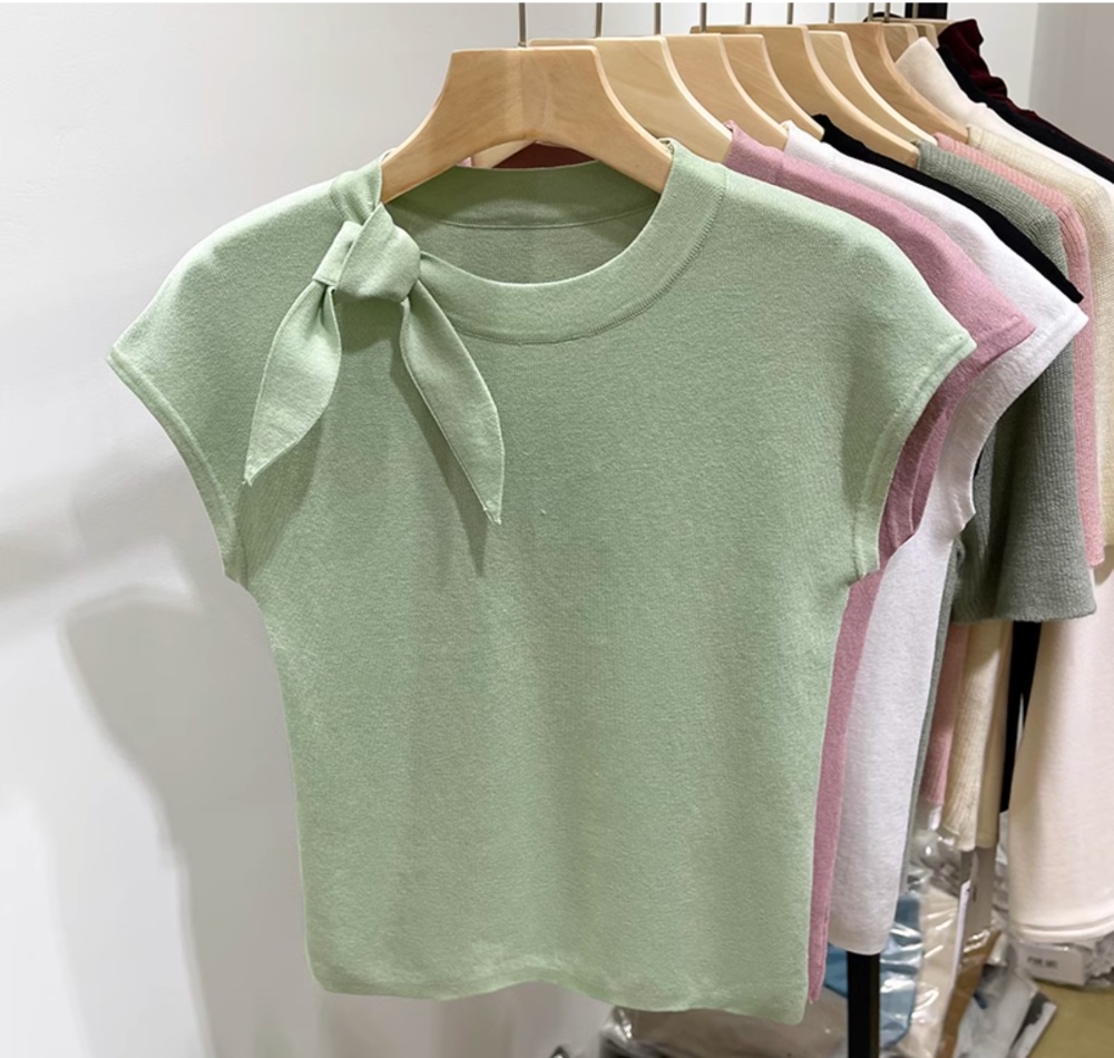 Ice silk all-match tops bandage round neck T-shirt for women